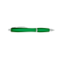 A green plastic pen with a silver clip and accents, featuring a sleek design and a shiny finish.