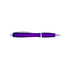 A purple plastic pen with silver accents and a clip. It features a sleek, ergonomic design.