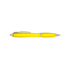 A yellow plastic pen with a shiny silver clip and accents, featuring a smooth, rounded design.