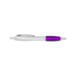 A plastic pen featuring a silver barrel and a purple grip, complete with a clip and a shiny finish.
