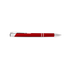 A red metal pen with a sleek design and silver accents, featuring a clip and branding.