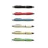 A collection of six plastic pens in black, red, blue, cream, yellow, and green, each with a metallic finish and a logo.