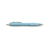 A blue pen with a textured finish and shiny silver accents. It features a clip and a logo.