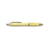 A yellow pen with a textured body and silver accents. It features a branding logo on the barrel.