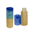 A mini pencil tube containing assorted coloured pencils, presented in a blue and brown holder. Branding visible.