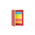 A red sticky note book with assorted sticky notes in yellow, green, blue, and pink inside.