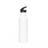 A drink bottle in white with a black spout, designed for hydration, featuring a sleek, modern shape.