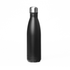 A drink bottle in matte black with a stainless steel lid and a sleek design. Features a logo on its surface.