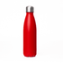 A drink bottle in bright red with a stainless steel lid, featuring a sleek, modern design and a logo.
