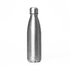 A drink bottle made of stainless steel with a sleek, shiny finish, featuring a steel lid and a rounded base.