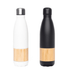 A drink bottle set featuring a white and a black vacuum bottle, both with a bamboo accent and a logo.