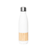 A drink bottle featuring a sleek white body with a bamboo accent and a stainless steel cap.