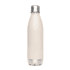 A drink bottle in a soft cream colour with a stainless steel base and lid, featuring a logo.