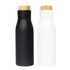 A drink bottle set featuring a black and a white thermos-style vacuum bottle, each with a bamboo lid.