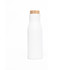 A drink bottle in matte white with a natural wood lid and a simple, sleek design. It features a logo.