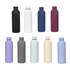 A drink bottle collection featuring ten single-wall bottles in black, white, navy, burgundy, lavender, grey, mint, and cream colours, with logos.