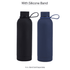 A drink bottle featuring two variants: a black bottle and a navy blue bottle, both with silicone bands.