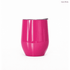 A hot pink metal travel mug with a sleek design and a lid, featuring a logo on the side.