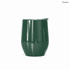 A green metal coffee cup with a sleek design and a lid, ideal for travel. Features a logo on the surface.