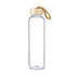 A drink bottle made of clear glass with a bamboo lid and a rope handle.