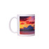 A white coffee mug featuring an image of the Sydney Opera House against a colourful sunset backdrop.