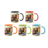 A selection of five two-tone sublimation mugs in black, red, orange, green, and blue, each with a logo.
