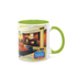 A two-tone sublimation mug featuring a green handle and inner, displaying an image and a logo.