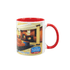 A two-tone sublimation mug featuring a red handle and interior, along with a detailed design and branding.