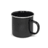 A black enamel camping mug with a silver rim and a sturdy handle, suitable for outdoor use.
