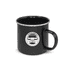 A black enamel camping mug with a silver rim and a logo on the side.