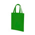 A bright green tote bag with two handles and a simple design. It features a branding logo.