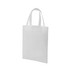 A white tote bag with two handles, featuring a simple design and a logo on the front.