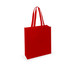 A red tote bag with two straps and a simple design. It has a branding logo on one side.