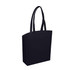 A black tote bag with two long handles and a rectangular shape. It features a branding logo.