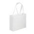 A white tote bag with dual handles and a simple design. The bag features a logo.