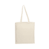 A beige tote bag with long handles and a simple design. It features a logo on one side.