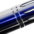 A collection of metal pens in white, blue, and black, each featuring a silver accent and branding.