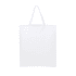 A white calico tote bag with short handles. The bag features a logo on one side.