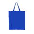 A blue calico tote bag with short handles and a blank surface, featuring a logo.