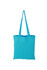 A turquoise tote bag with long handles and a simple design. It features a logo on one side.
