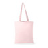 A pink tote bag with long handles, featuring a blank surface and a simple design. Includes a logo.