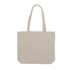 A beige canvas tote bag with two shoulder straps and a simple design. It has a logo on one side.