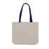 A light beige tote bag with navy blue handles, featuring a simple design and a logo.