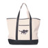 A large beige tote bag with black accents and a logo featuring a graphic of an animal.