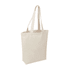 A beige natural canvas tote bag with long handles and a simple design, featuring a logo.