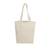 A natural beige canvas tote bag with two shoulder straps and an empty interior, featuring a logo.