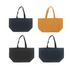 A canvas tote bag collection featuring black, navy, and mustard colours, with two bags in each colour. Each bag has handles and a logo.