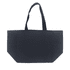 A large black canvas tote bag with two sturdy handles and side pockets. It features a logo.