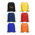 A set of nylon drawstring bags in black, yellow, blue, red, and orange, featuring a logo on the black bag.