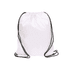 A white nylon drawstring bag with black strings and a logo.